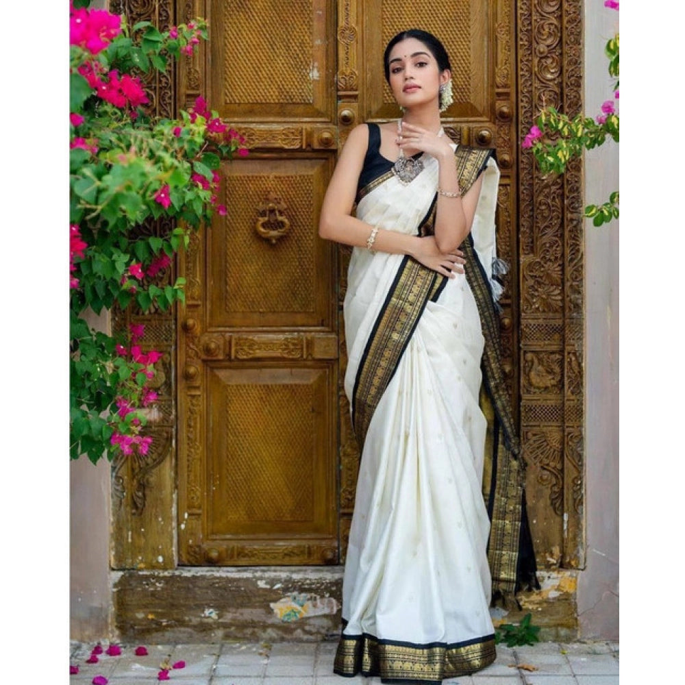 Generic Women's Soft Litchi Silk Jacquard Work Saree With Unstitched Blouse 5.5Mtr (White)