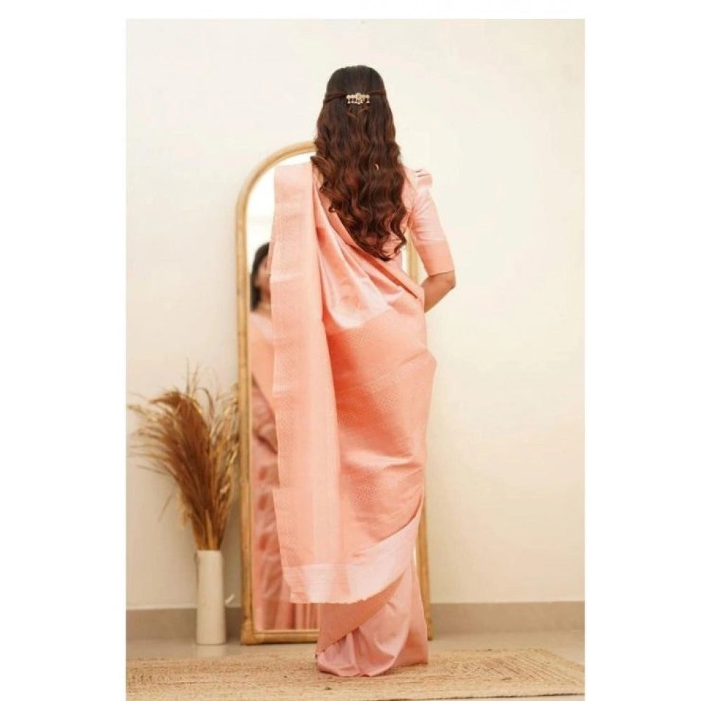 Generic Women's Soft Litchi Silk Jacquard Work Saree With Unstitched Blouse 5.5Mtr (Pink)
