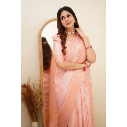 Generic Women's Soft Litchi Silk Jacquard Work Saree With Unstitched Blouse 5.5Mtr (Pink)