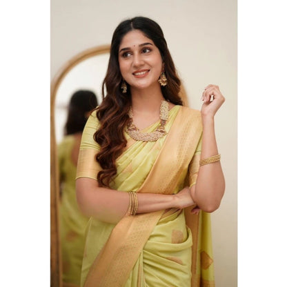 Generic Women's Soft Litchi Silk Jacquard Work Saree With Unstitched Blouse 5.5Mtr (Light Green)