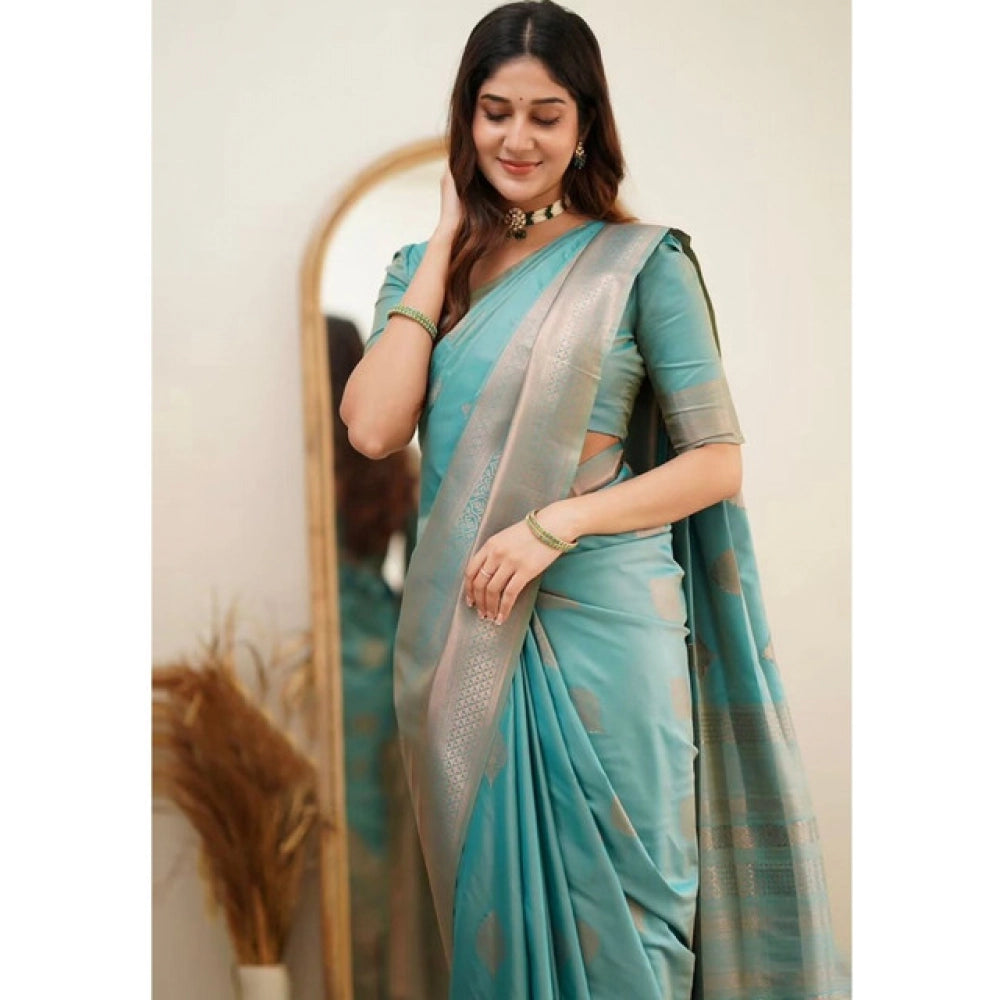 Generic Women's Soft Litchi Silk Jacquard Work Saree With Unstitched Blouse 5.5Mtr (Light Blue)