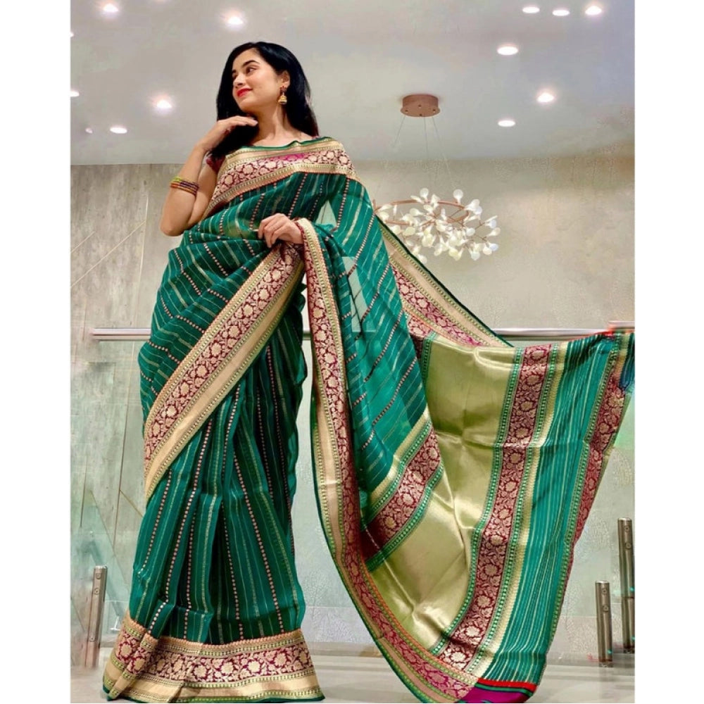 Generic Women's Soft Litchi Silk Jacquard Work Saree With Unstitched Blouse 5.5Mtr (Green)