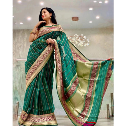 Generic Women's Soft Litchi Silk Jacquard Work Saree With Unstitched Blouse 5.5Mtr (Green)