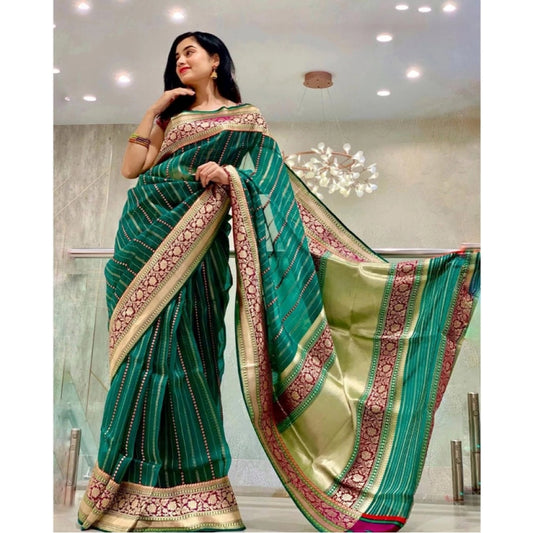 Generic Women's Soft Litchi Silk Jacquard Work Saree With Unstitched Blouse 5.5Mtr (Green)