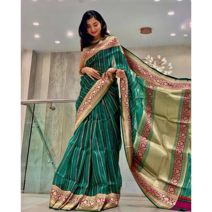 Generic Women's Soft Litchi Silk Jacquard Work Saree With Unstitched Blouse 5.5Mtr (Green)