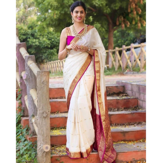 Generic Women's Soft Litchi Silk Jacquard Work Saree With Unstitched Blouse 5.5Mtr (White)