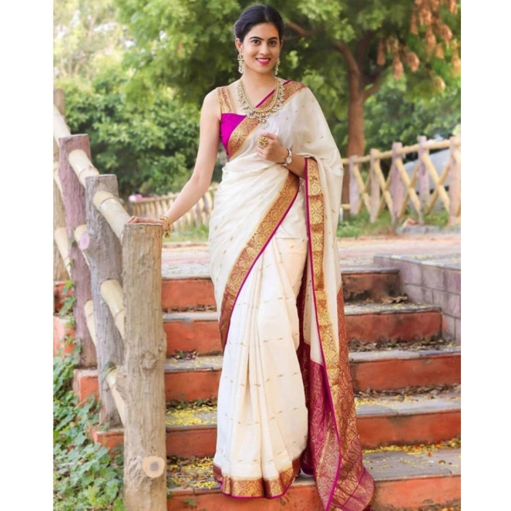 Generic Women's Soft Litchi Silk Jacquard Work Saree With Unstitched Blouse 5.5Mtr (White)