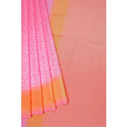 Generic Women's Soft Litchi Silk Jacquard Work Saree With Unstitched Blouse 5.5Mtr (Pink)