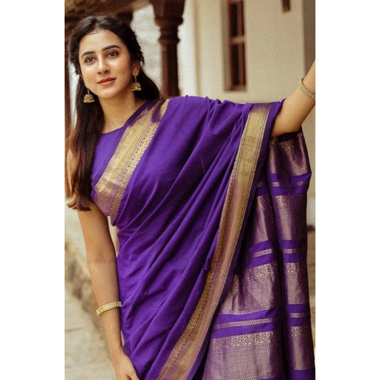 Generic Women's Soft Litchi Silk Jacquard Work Saree With Unstitched Blouse 5.5Mtr (Blue)