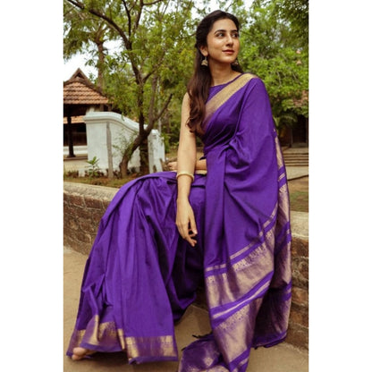 Generic Women's Soft Litchi Silk Jacquard Work Saree With Unstitched Blouse 5.5Mtr (Blue)