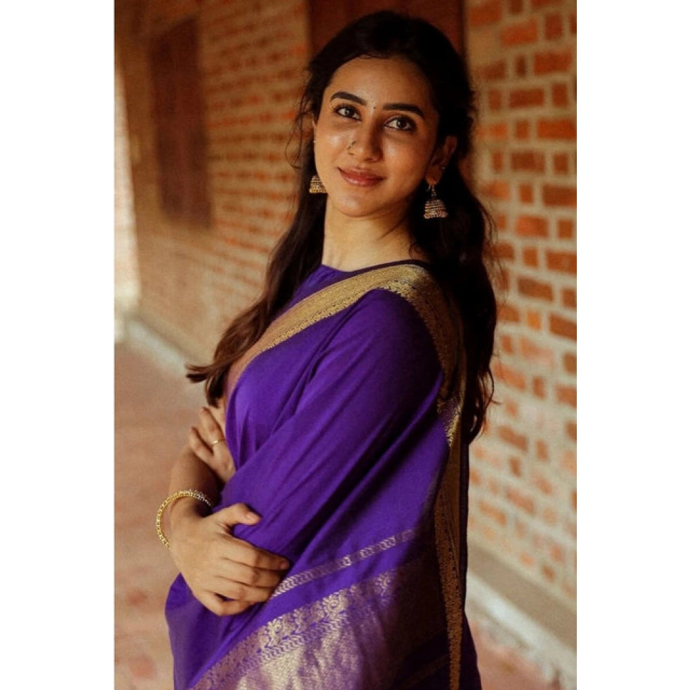 Generic Women's Soft Litchi Silk Jacquard Work Saree With Unstitched Blouse 5.5Mtr (Blue)