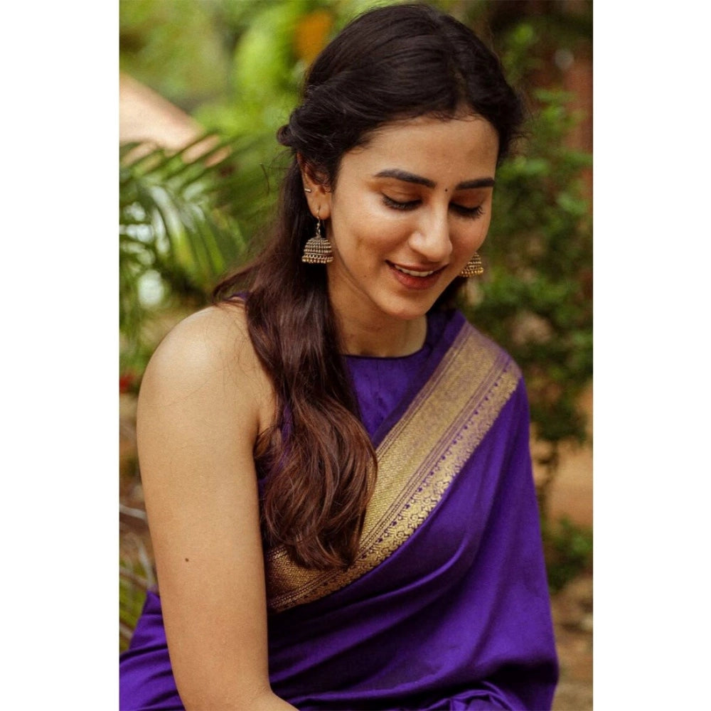 Generic Women's Soft Litchi Silk Jacquard Work Saree With Unstitched Blouse 5.5Mtr (Blue)