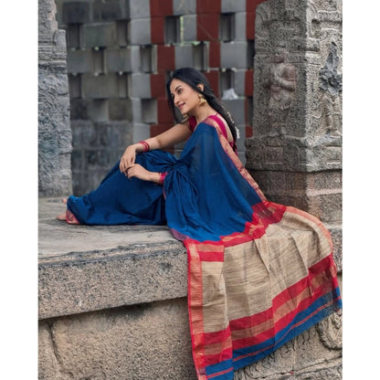 Generic Women's Soft Litchi Silk Jacquard Work Saree With Unstitched Blouse 5.5Mtr (Blue)