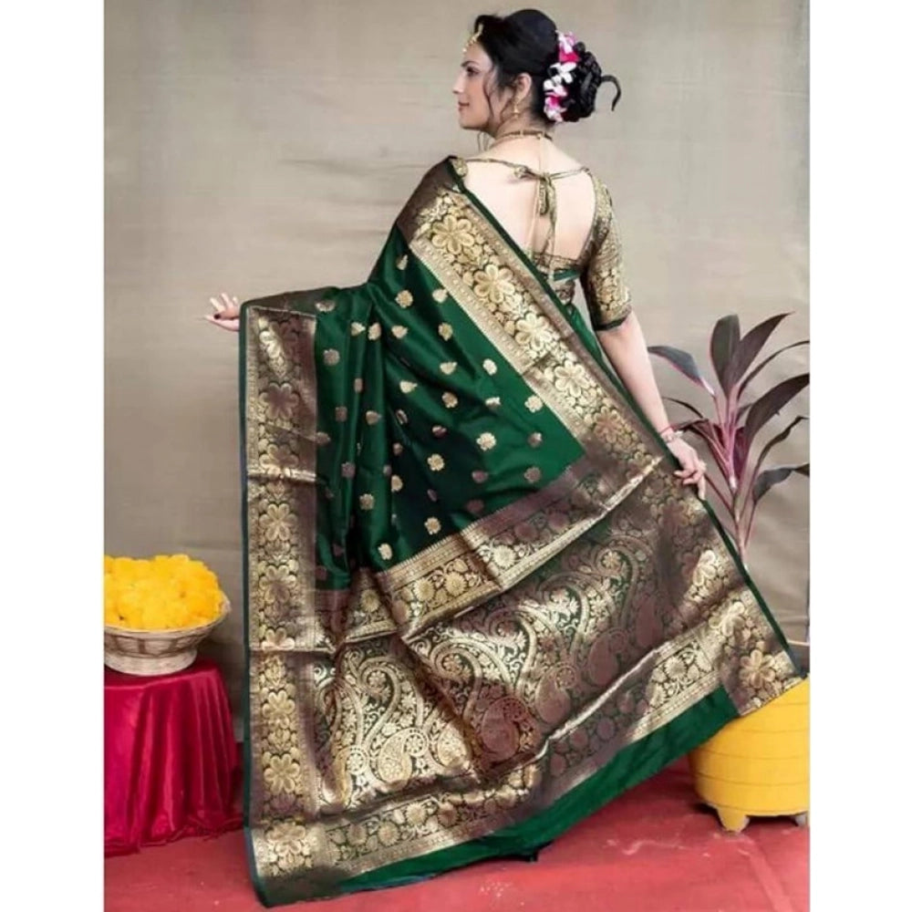 Generic Women's Soft Litchi Silk Jacquard Work Saree With Unstitched Blouse 5.5Mtr (Green)