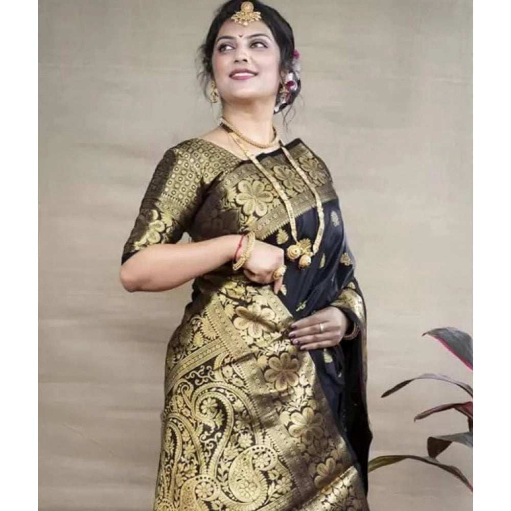 Generic Women's Soft Litchi Silk Jacquard Work Saree With Unstitched Blouse 5.5Mtr (Black)
