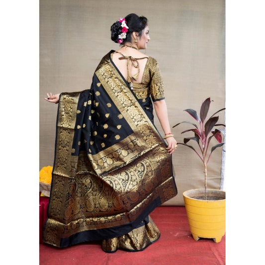 Generic Women's Soft Litchi Silk Jacquard Work Saree With Unstitched Blouse 5.5Mtr (Black)