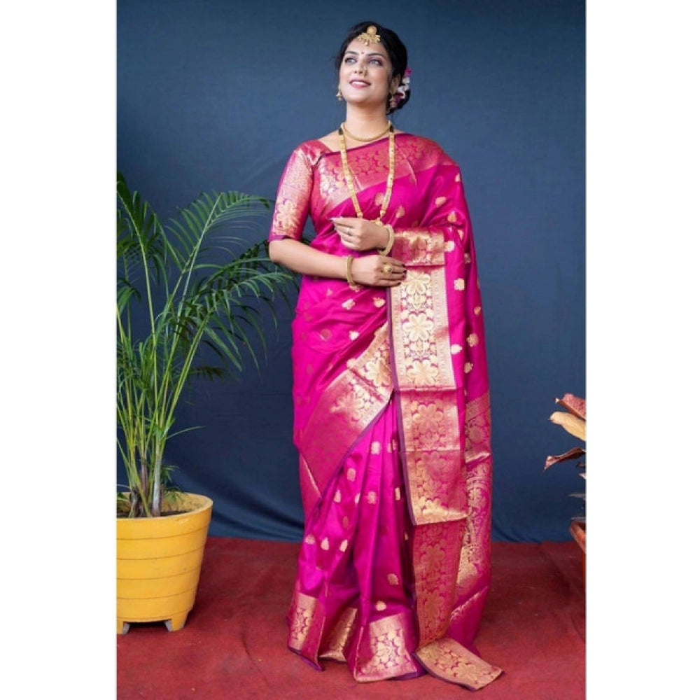 Generic Women's Soft Litchi Silk Jacquard Work Saree With Unstitched Blouse 5.5Mtr (Pink)