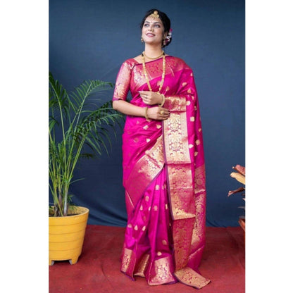 Generic Women's Soft Litchi Silk Jacquard Work Saree With Unstitched Blouse 5.5Mtr (Pink)