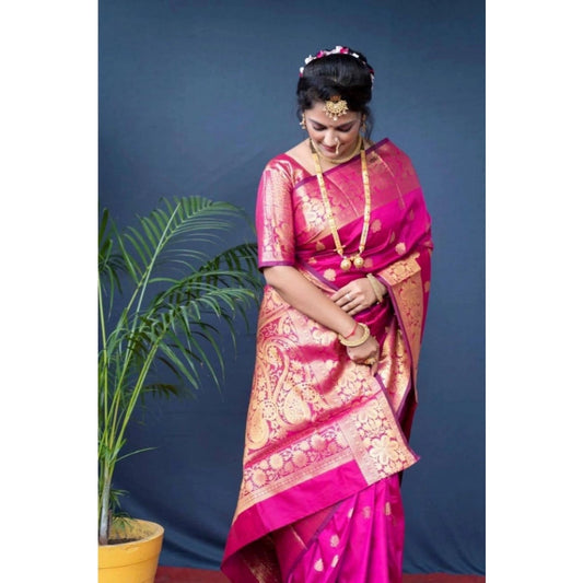 Generic Women's Soft Litchi Silk Jacquard Work Saree With Unstitched Blouse 5.5Mtr (Pink)