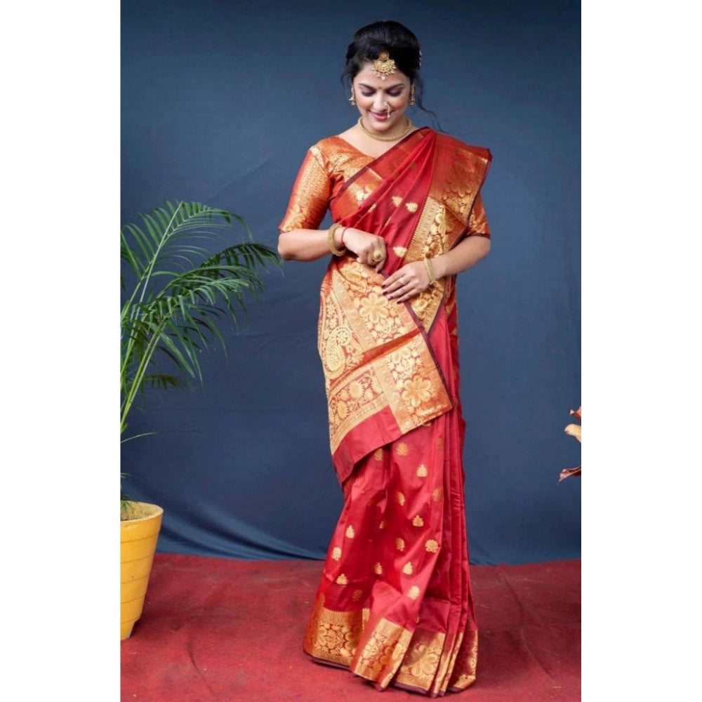 Generic Women's Soft Litchi Silk Jacquard Work Saree With Unstitched Blouse 5.5Mtr (Red)