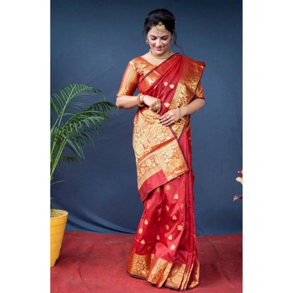Generic Women's Soft Litchi Silk Jacquard Work Saree With Unstitched Blouse 5.5Mtr (Red)