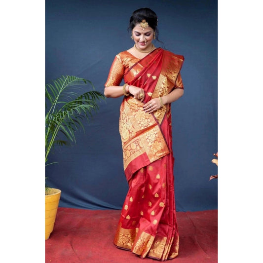 Generic Women's Soft Litchi Silk Jacquard Work Saree With Unstitched Blouse 5.5Mtr (Red)