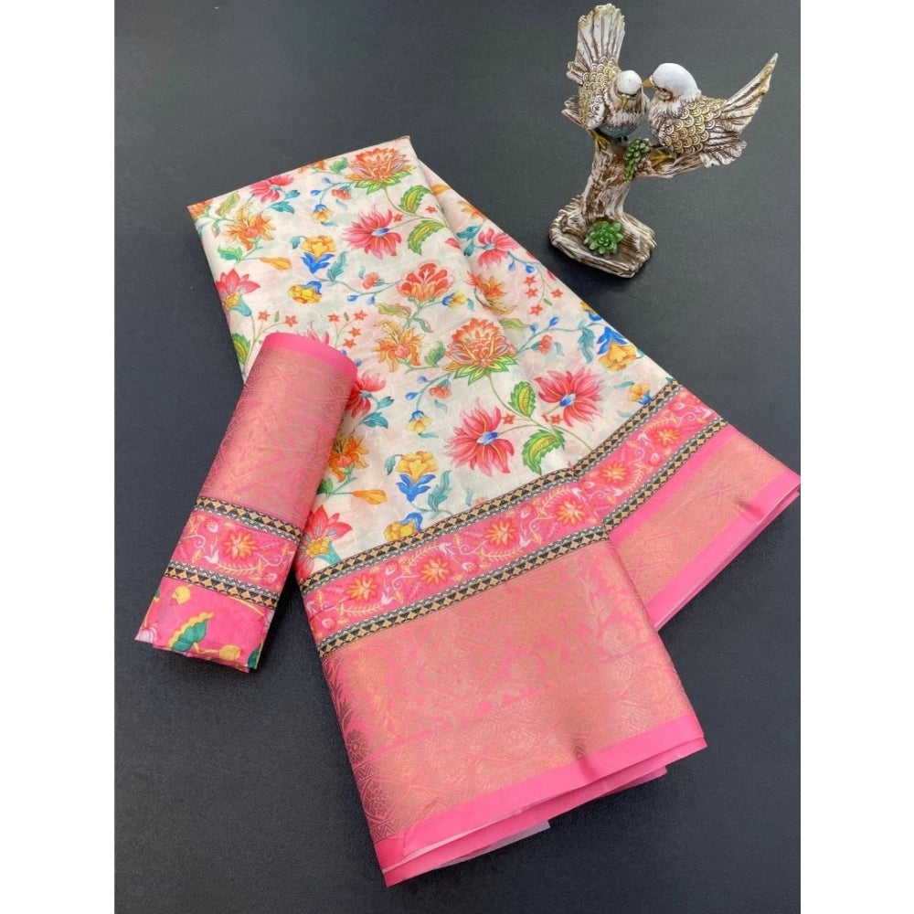 Generic Women's Soft Dola Cotton Printed Saree With Unstitched Blouse 5.5Mtr (Pink)