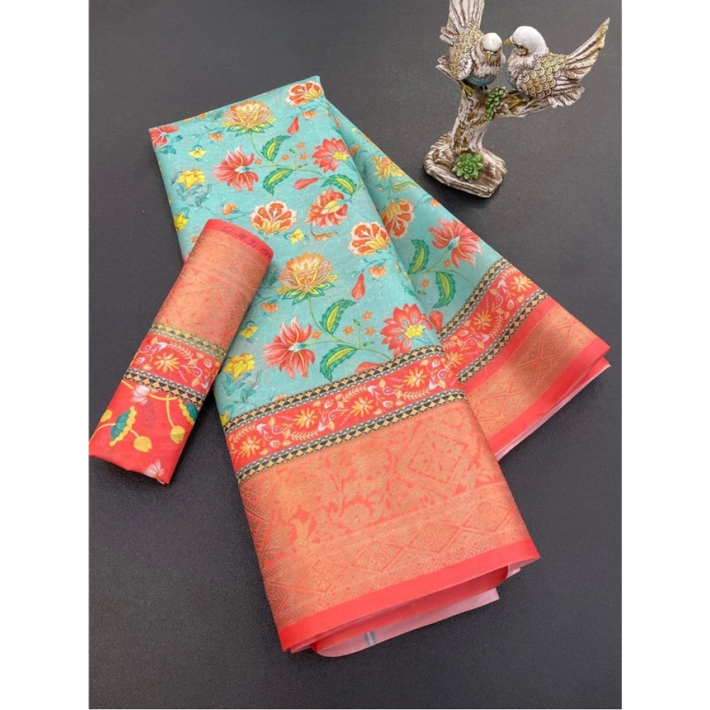 Generic Women's Soft Dola Cotton Printed Saree With Unstitched Blouse 5.5Mtr (Green)