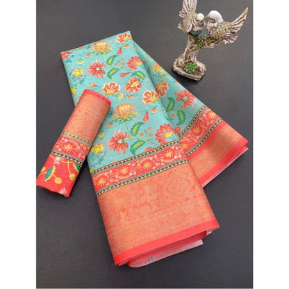 Generic Women's Soft Dola Cotton Printed Saree With Unstitched Blouse 5.5Mtr (Green)