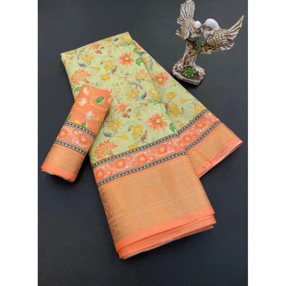 Generic Women's Soft Dola Cotton Printed Saree With Unstitched Blouse 5.5Mtr (Orange)
