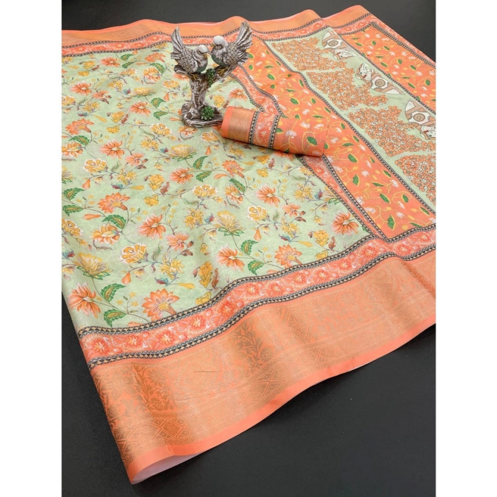 Generic Women's Soft Dola Cotton Printed Saree With Unstitched Blouse 5.5Mtr (Orange)