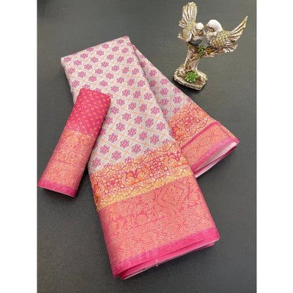 Generic Women's Soft Dola Cotton Printed Saree With Unstitched Blouse 5.5Mtr (Pink)