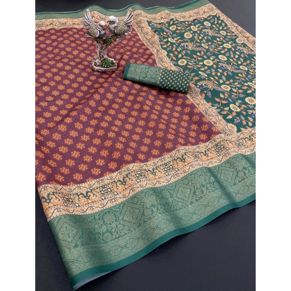 Generic Women's Soft Dola Cotton Printed Saree With Unstitched Blouse 5.5Mtr (Maroon)