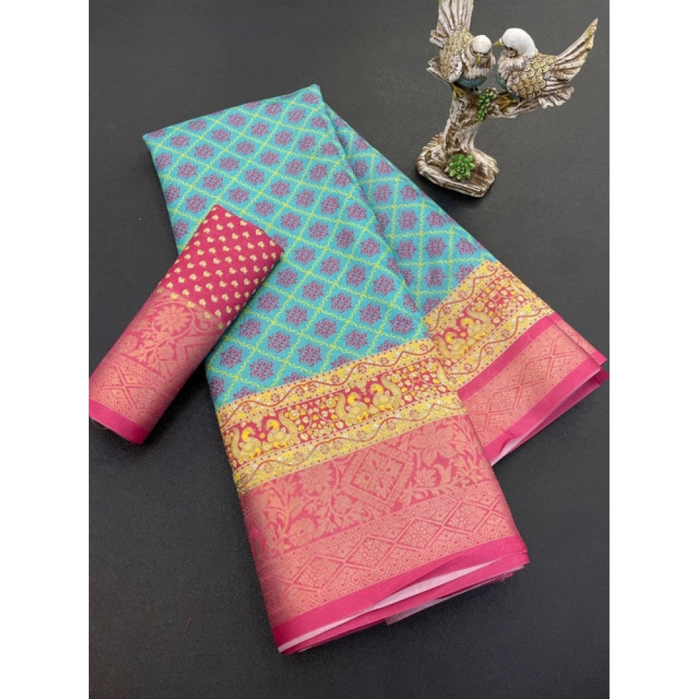 Generic Women's Soft Dola Cotton Printed Saree With Unstitched Blouse 5.5Mtr (Sky Blue)