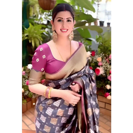 Generic Women's Soft Litchi Silk Jacquard Work Saree With Unstitched Blouse 5.5Mtr (Gray)