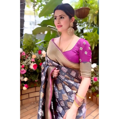 Generic Women's Soft Litchi Silk Jacquard Work Saree With Unstitched Blouse 5.5Mtr (Gray)