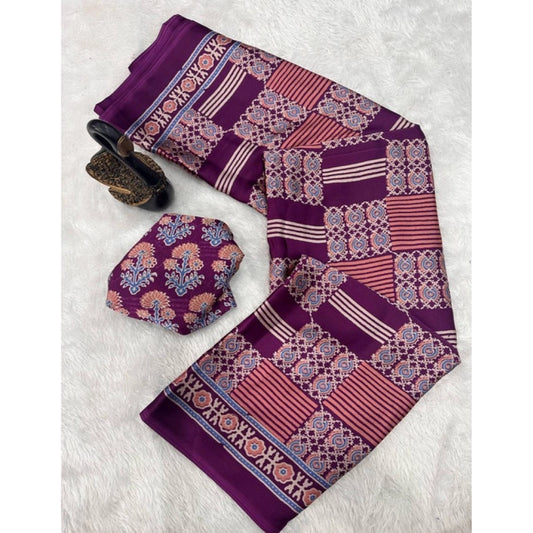 Generic Women's Gajji Soft Silk Printed Saree With Unstitched Blouse 5.5Mtr (Purple)