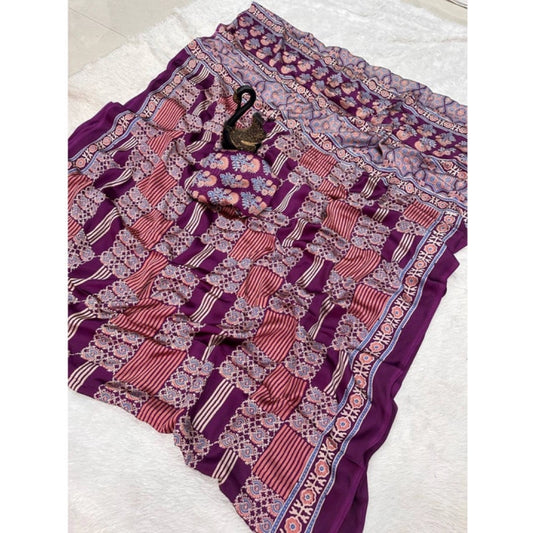 Generic Women's Gajji Soft Silk Printed Saree With Unstitched Blouse 5.5Mtr (Purple)