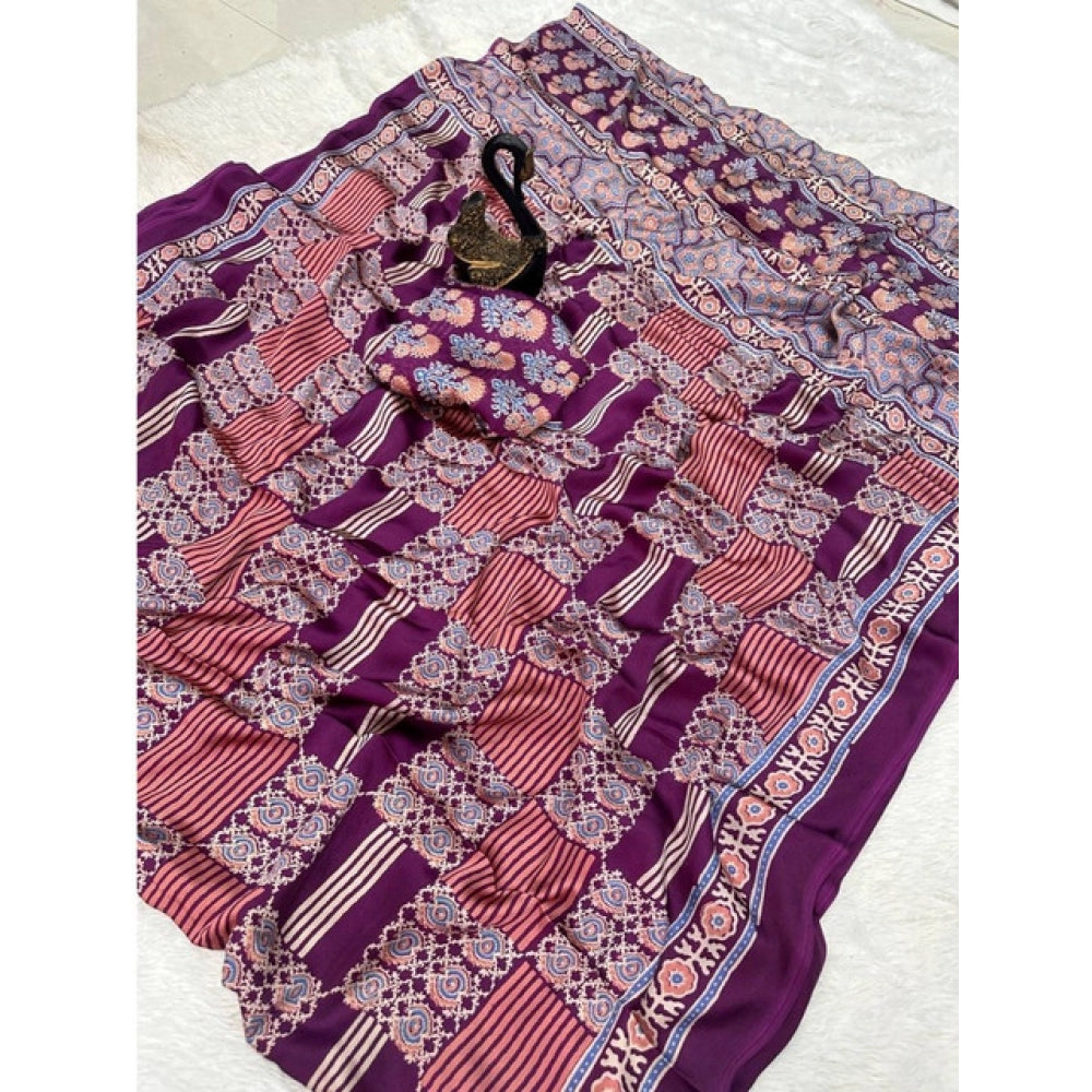 Generic Women's Gajji Soft Silk Printed Saree With Unstitched Blouse 5.5Mtr (Purple)