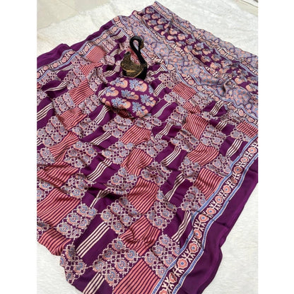 Generic Women's Gajji Soft Silk Printed Saree With Unstitched Blouse 5.5Mtr (Purple)