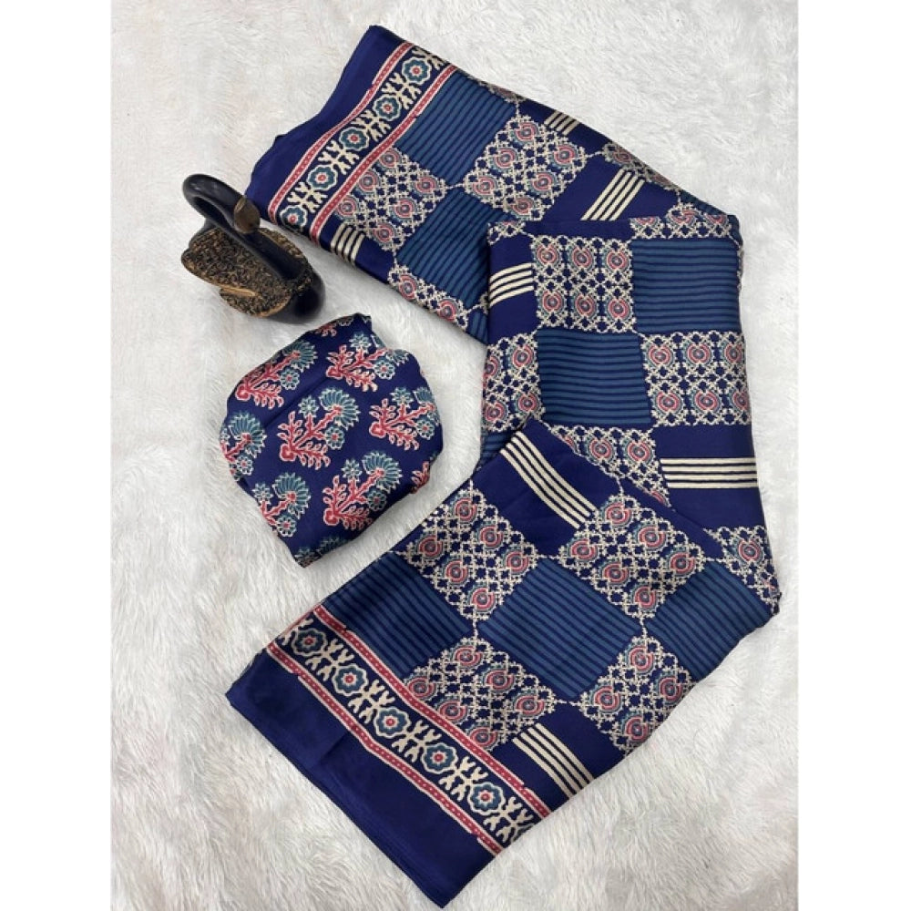 Generic Women's Gajji Soft Silk Printed Saree With Unstitched Blouse 5.5Mtr (Blue)