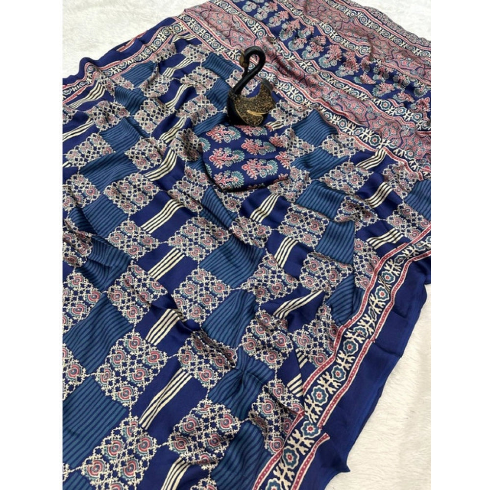 Generic Women's Gajji Soft Silk Printed Saree With Unstitched Blouse 5.5Mtr (Blue)