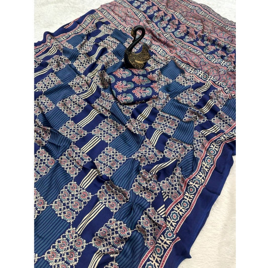 Generic Women's Gajji Soft Silk Printed Saree With Unstitched Blouse 5.5Mtr (Blue)