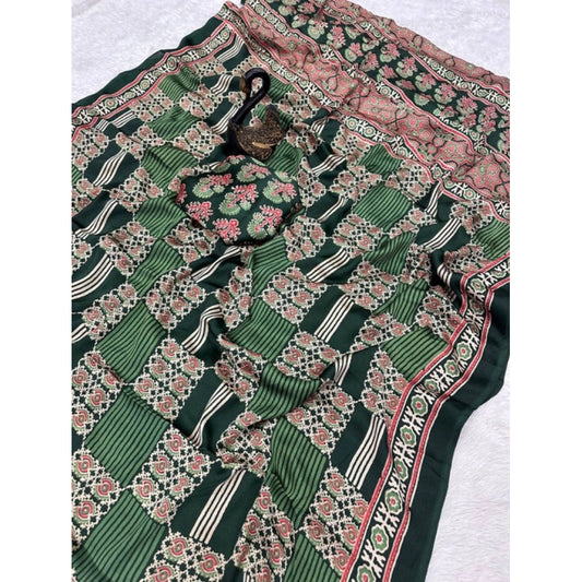 Generic Women's Gajji Soft Silk Printed Saree With Unstitched Blouse 5.5Mtr (Green)