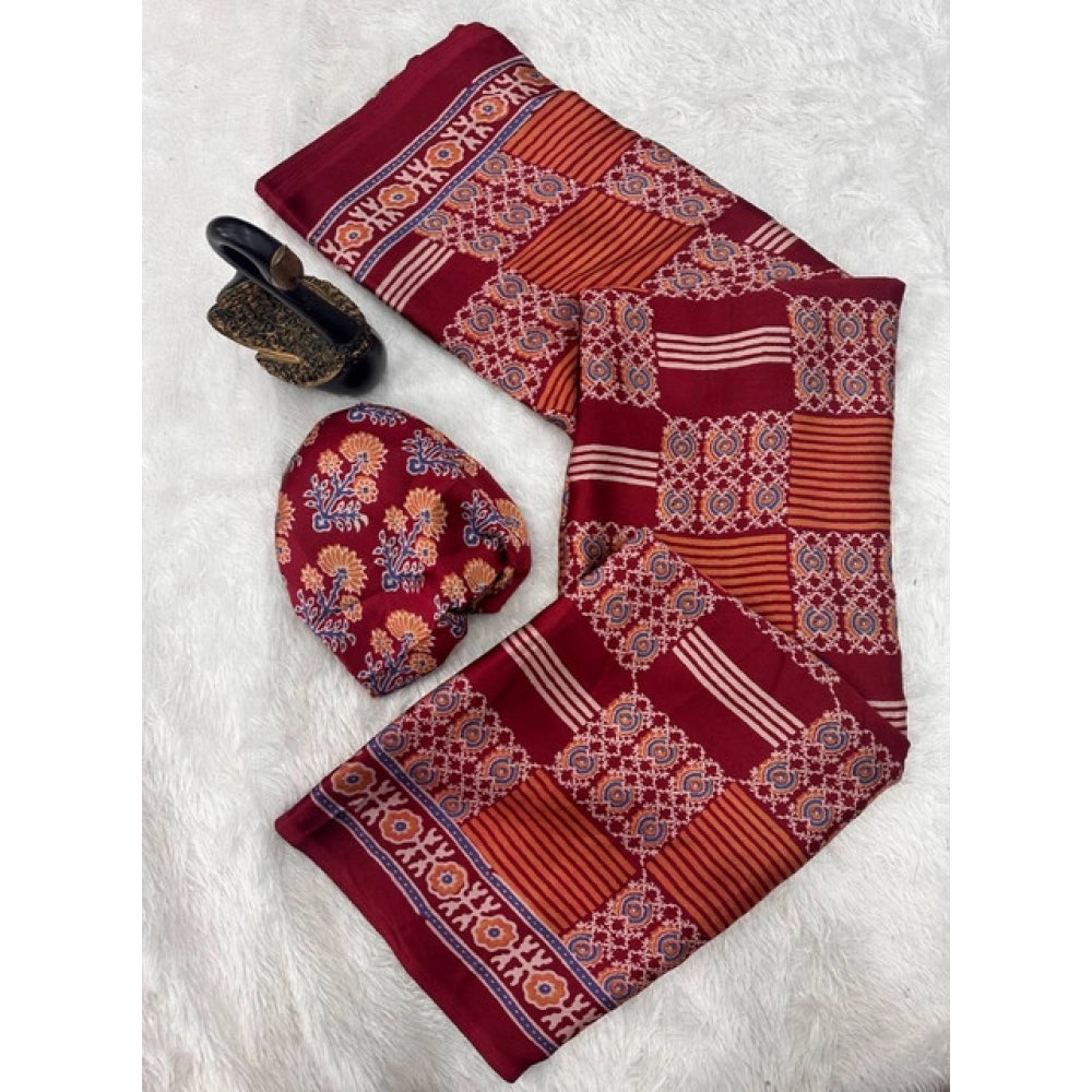 Generic Women's Gajji Soft Silk Printed Saree With Unstitched Blouse 5.5Mtr (Maroon)