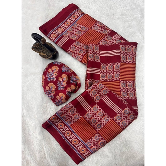Generic Women's Gajji Soft Silk Printed Saree With Unstitched Blouse 5.5Mtr (Maroon)