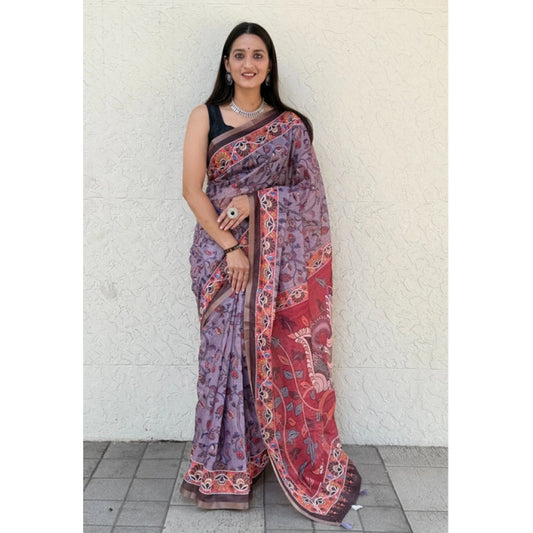 Generic Women's Cotton Hand Bandhani Printed Saree With Unstitched Blouse 5.5Mtr (Purple)