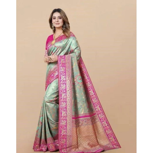 Generic Women's Soft Litchi Silk Jacquard Work Saree With Unstitched Blouse 5.5Mtr (Multicolor)