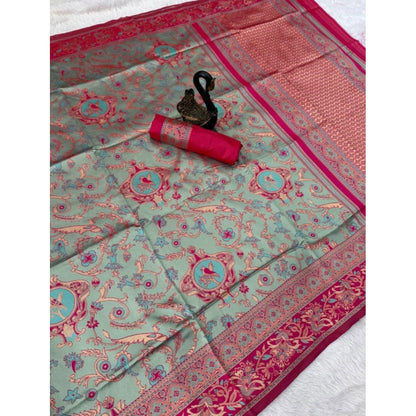 Generic Women's Soft Litchi Silk Jacquard Work Saree With Unstitched Blouse 5.5Mtr (Multicolor)