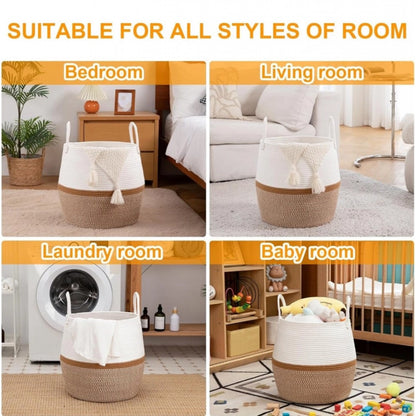 Generic Cotton Matka With Handle 14x12 Inch Storage Basket For Clothes (Beige White)